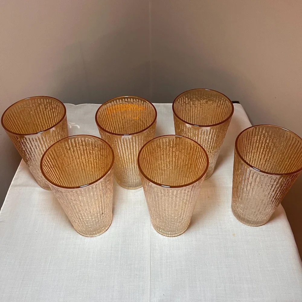 Set of 6 Vintage Amber Textured Drinking Glasses Mid Century Retro Tumblers